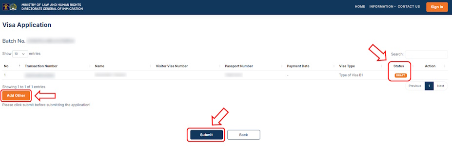 インドネシア入管 e-Visa 公式サイト 申請管理画面