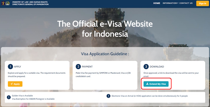 インドネシアのe-Visa申請公式サイトトップページ