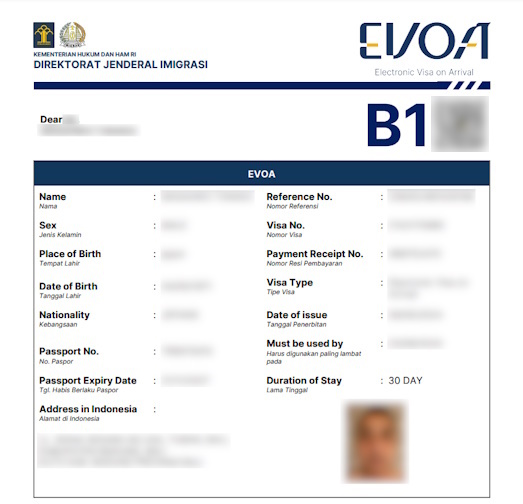 インドネシア入管 e-Visa 公式サイト B1ビザ画面