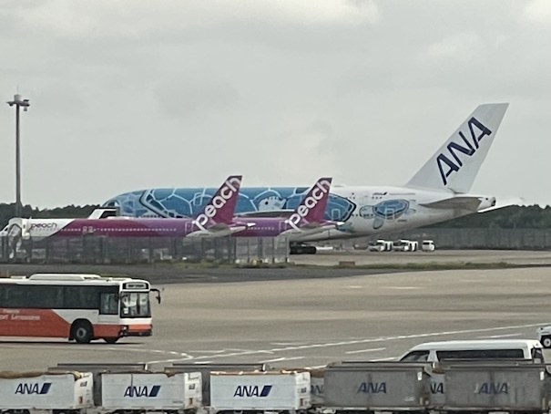 成田空港に駐機中のピーチA320とANA A380